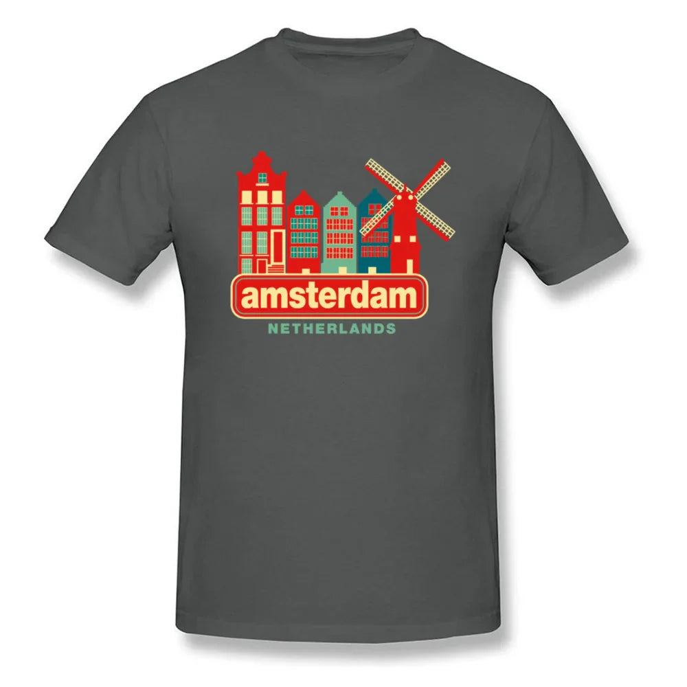 Latest Vintage Amsterdam Netherlands City Print T Shirt Top Quality Cotton Casual Tops T-Shirt Windmill Urban Men Tshirt Fashion