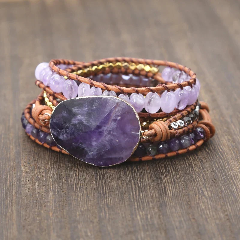 Drop shipping Natural Stones Crystal Quartz Charm  5  Strands Wrap Bracelets Handmade Boho Bracelet Women Leather Bracelet