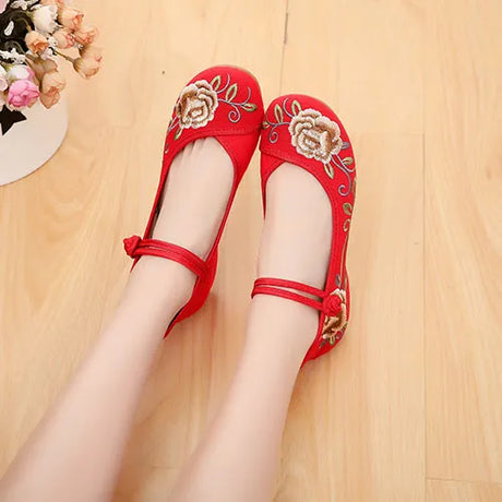 Veowalk Ankle Strap Women Canvas Embroidered Ballet Flats, Chinese Style Ladies Casual Comfort Walking Shoes Cotton Ballerinas