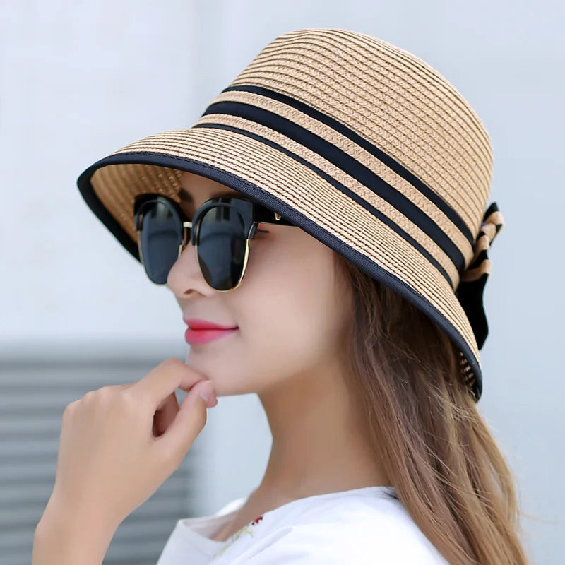 Muchique Boater Hats for Women Summer Sun Straw Hat Wide Brim Beach Hats Girl Outside Travel Straw Cap Casual Bow Hat B-7847