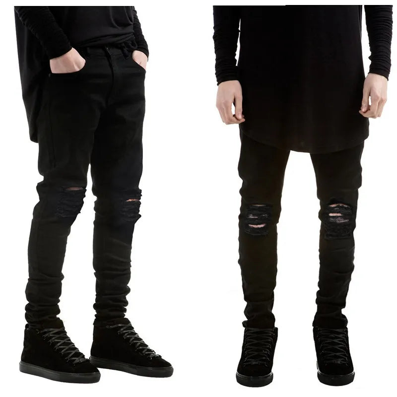 New Men Black Ripped Skinny Jeans Hip Hop swag Denim Scratched Biker Jeans Joggers pants Famous Brand Designer Men Trousers