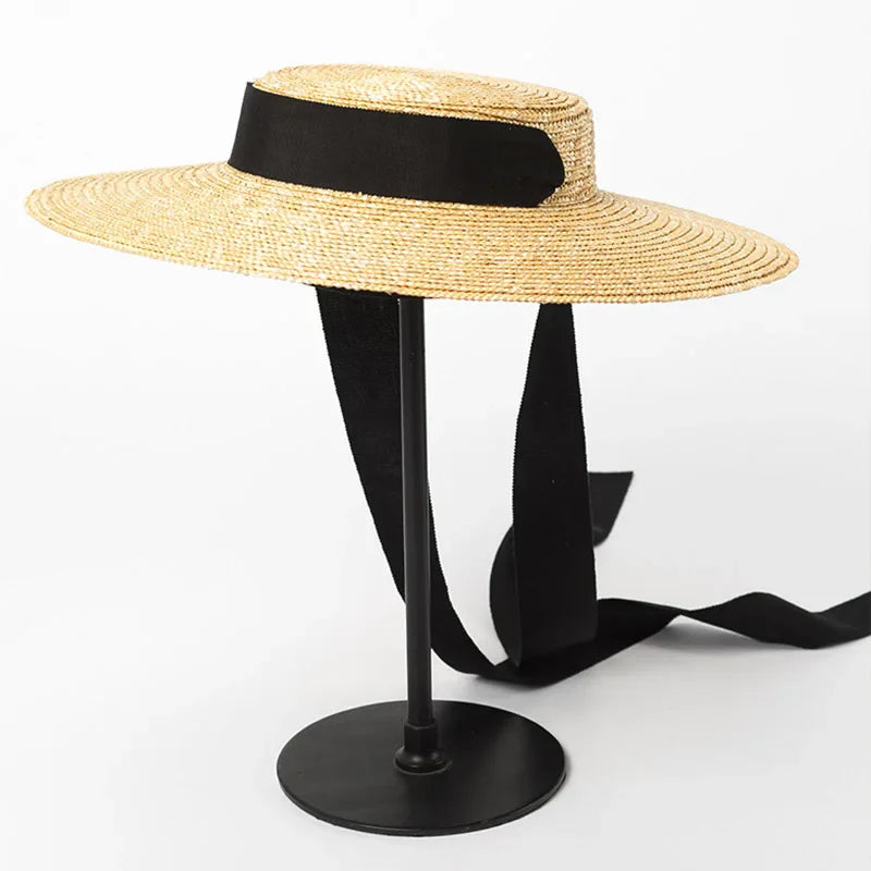 Wide Brim Boater Hat 10cm 15cm Brim Straw Hat Flat Women Summer Kentucky Derby Hat White Black Ribbon Tie Sun Hat Beach Cap