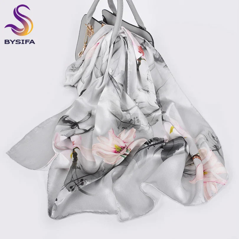 [BYSIFA] New Luxury Pure Silk Scarf Shawl Women Spring Autumn Long Scarves Ladies Brand 100% Silk Neck Scarf Foulard 175*52cm