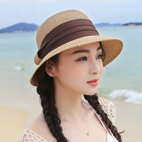 Muchique Boater Hats for Women Summer Sun Straw Hat Wide Brim Beach Hats Girl Outside Travel Straw Cap Casual Bow Hat B-7847