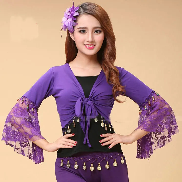 Belly Dance Shirt Top Shirt Tribal Belly Dance Lace Butterfly Sleeve Wrap Top India Bollywood Girl Top For Christmas Purple