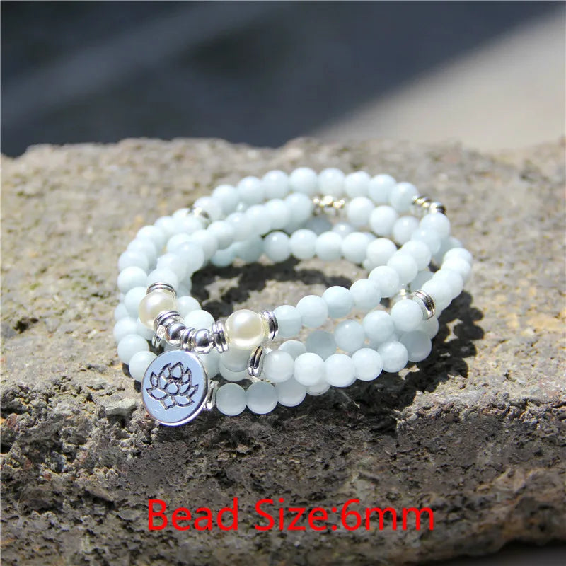 Women Bracelet Natural Stone Bracelet Beads Aquamarin with Lotus Charm Yoga Bracelet 108 Mala Necklace for Men Women