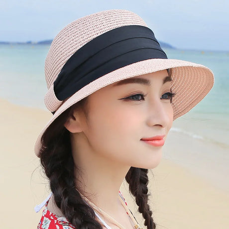 Muchique Boater Hats for Women Summer Sun Straw Hat Wide Brim Beach Hats Girl Outside Travel Straw Cap Casual Bow Hat B-7847