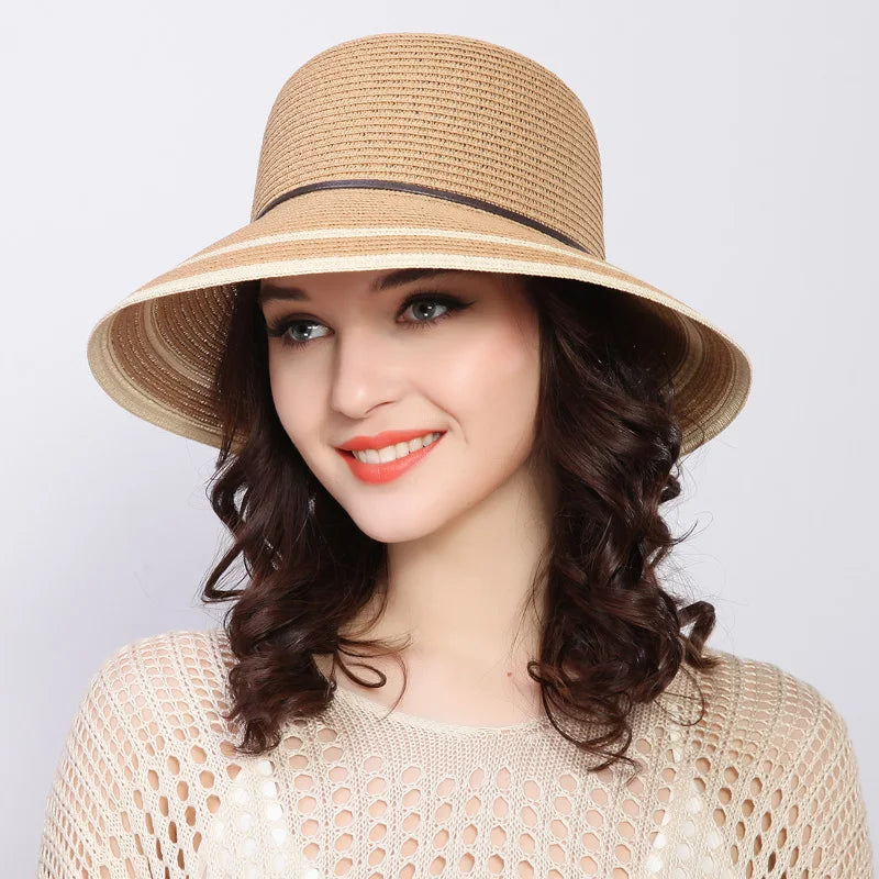 Muchique Boater Hats for Women Summer Sun Straw Hat Wide Brim Beach Hats Girl Outside Travel Straw Cap Casual Bow Hat B-7847