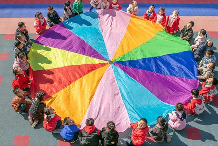 [Funny] Sports game 2M/3M/4M/5M/6M Diameter Outdoor Rainbow Umbrella Parachute Toy Jump-Sack Ballute Play game mat toy kids gift