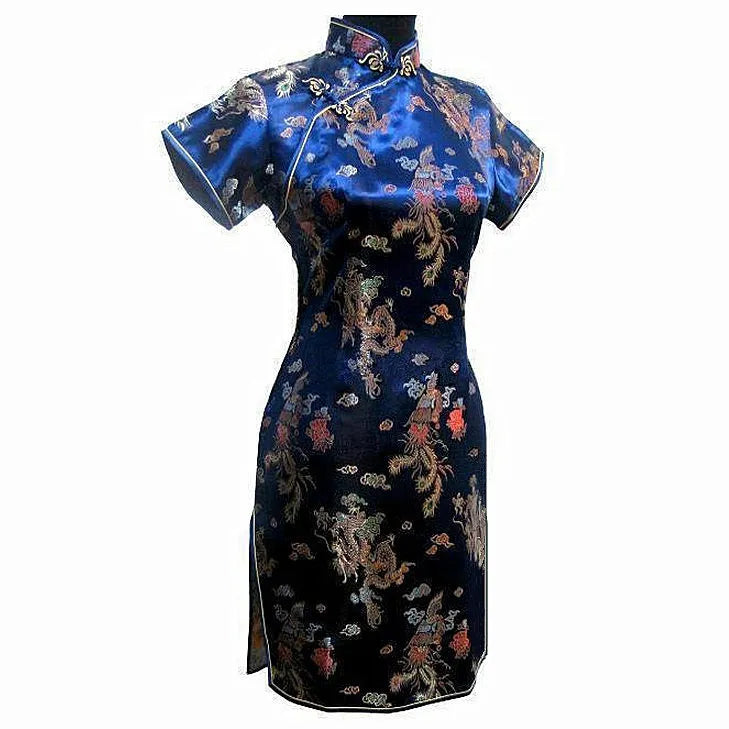 Navy Blue Vintage Chinese Women's Satin Mini Cheongsam Qipao Dress  S M L XL XXL XXXL 4XL 5XL 6XL Mujeres Vestido J4065