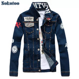 Sokotoo Men's slim English flag patch design rivet jean jacket Casual dark blue washed denim coat Outerwear