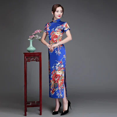 Old Shanghai Elegant Women Satin Qipao Slim 3/4 Sleeve Long Dress New Traditional Chinese Mandarin Collar Cheongsam Vestidos