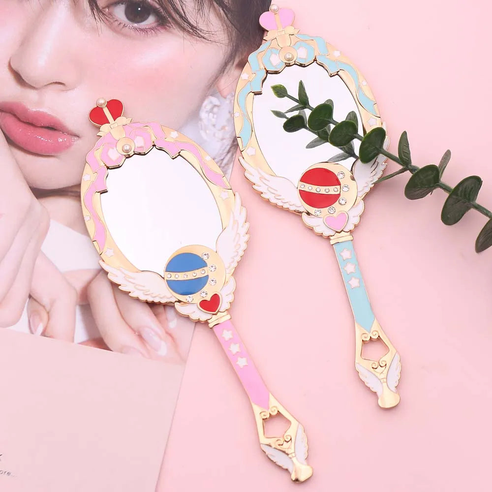 Anime Moon Metal Oval Hand Held Makeup Mirror Ladies Girl Crown Mirror Beauty Dresser Red Blue Makeup Mirror With Crystal