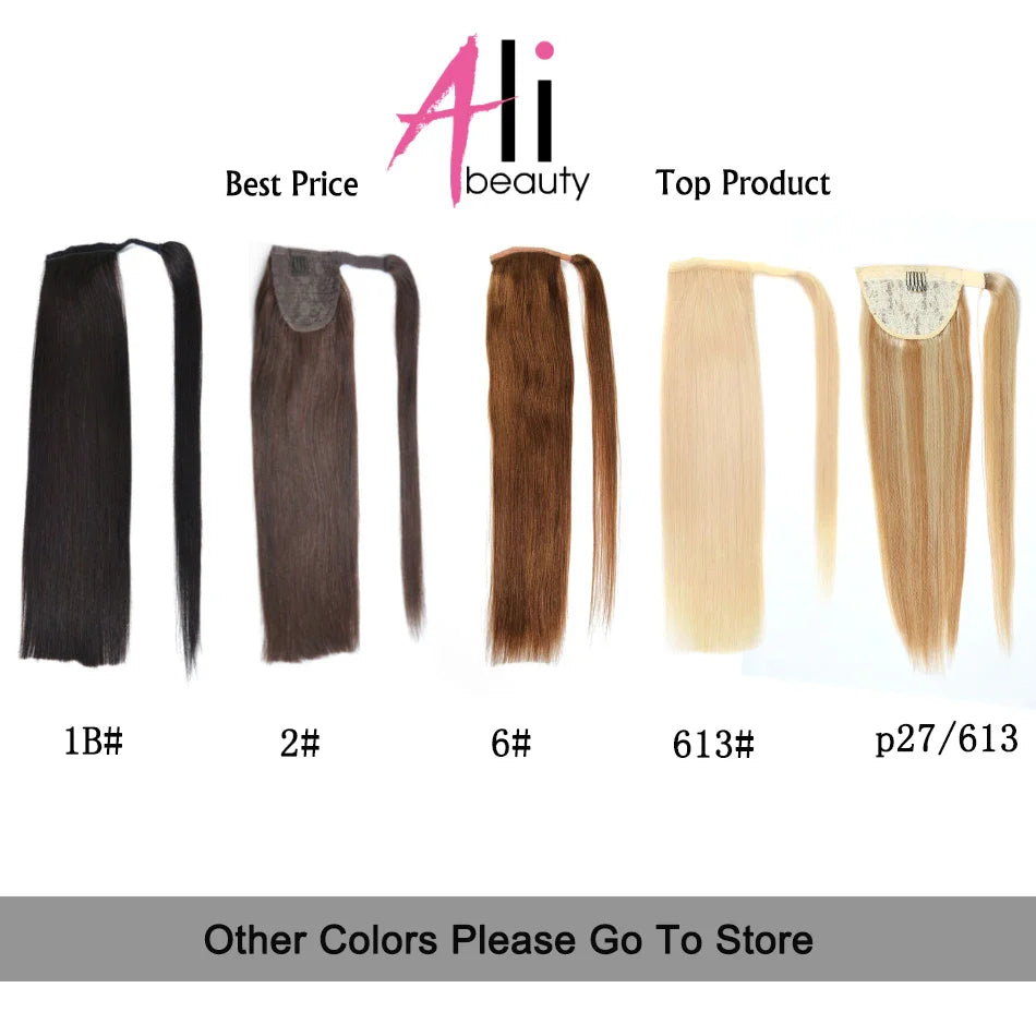 100% Human Hair Ponytail European Straight 120gram Wrap Around Clip In Pony Tail Machine Remy Hair 12-26 Inches ALI-BEAUTY