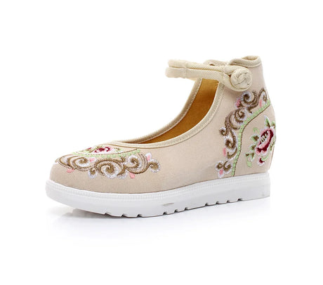 Veowalk High End Floral Embroidered Women Canvas Flat Platforms Mid Top Ankle Strap Chinese Style Ladies Casual Denim Shoes