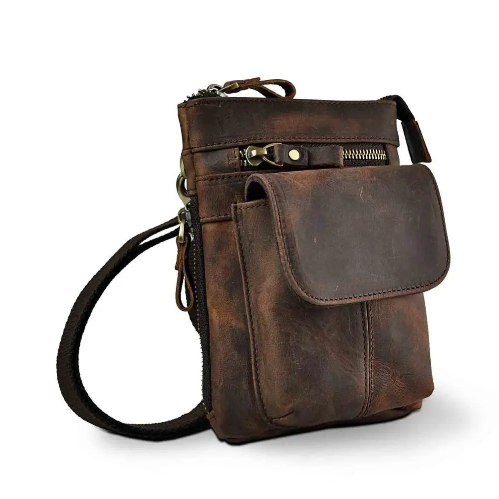 Original Leather Male Casual Design Mini Shoulder Messenger Crossbody bag Fashion Belt Waist bag Travel Small Pouch Men 611-18