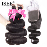 ISEE Human Hair Bundles With Closure 3 Bundles Body Wave Bundles With Frontal Hair Extension Indian Hair 4x4 Lace Free Part