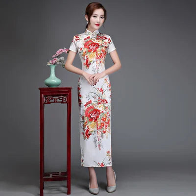 Old Shanghai Elegant Women Satin Qipao Slim 3/4 Sleeve Long Dress New Traditional Chinese Mandarin Collar Cheongsam Vestidos