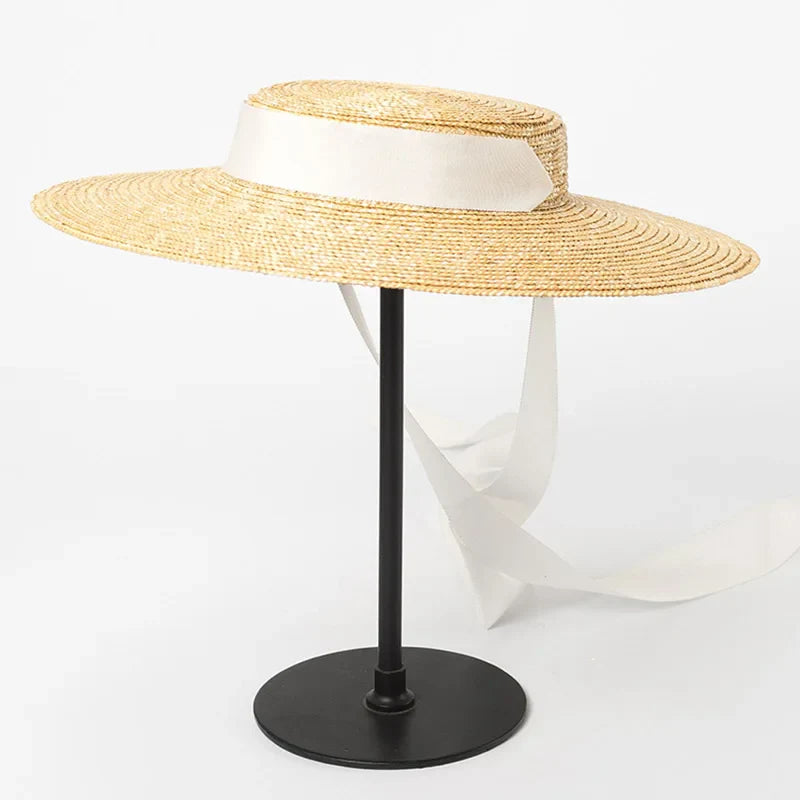 Wide Brim Boater Hat 10cm 15cm Brim Straw Hat Flat Women Summer Kentucky Derby Hat White Black Ribbon Tie Sun Hat Beach Cap