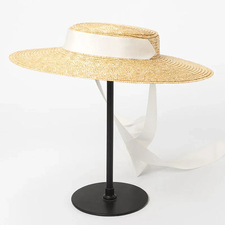 Wide Brim Boater Hat 10cm 15cm Brim Straw Hat Flat Women Summer Kentucky Derby Hat White Black Ribbon Tie Sun Hat Beach Cap