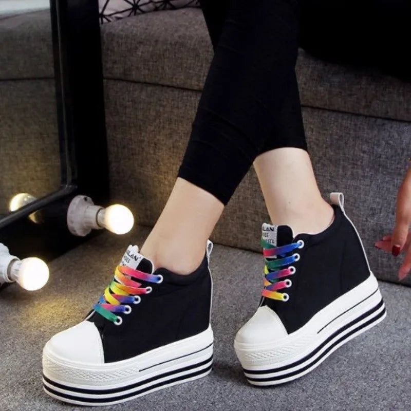 2023 New 12CM Heels Wedge Canvas Shoes Woman High Platform Sneakers Vulcanized Shoes Hidden Heel Height Increasing Casual Shoes