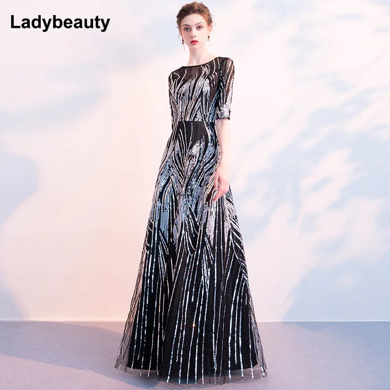 Ladybeauty Evening Dress with Sequins A Line Half Sleeves Formal Dress Evening Party Gown Occasion Dresses Robe De Soiree