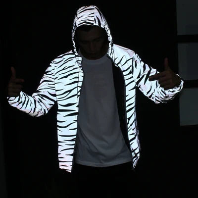 New Men Leopard zebra reflective Night shining Hooded Windbreaker Jacket hip hop Streetwear harajuku Men waterproof Hoodie Coats