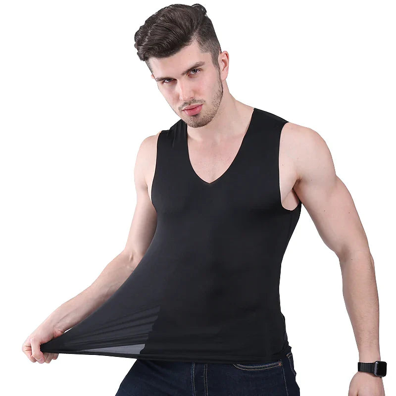 Summer Men Vest No trace of ice silk vest man slim Tight wide shoulder V-neck sleeveless undershirt men top tanks Cool breathabl