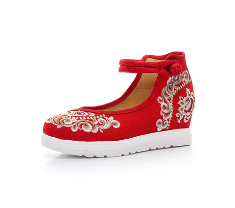 Veowalk High End Floral Embroidered Women Canvas Flat Platforms Mid Top Ankle Strap Chinese Style Ladies Casual Denim Shoes