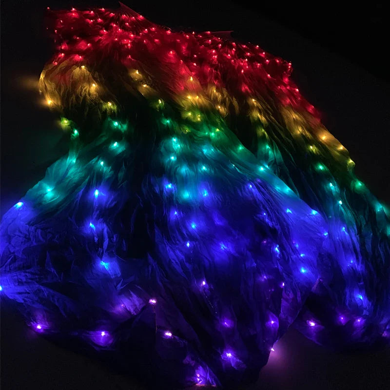 100% Silk LED Rainbow Dance Fans Women Belly Dance Performance Props 1Pair Left+Right Hand White/Rainbow Belly Dance LED Fans