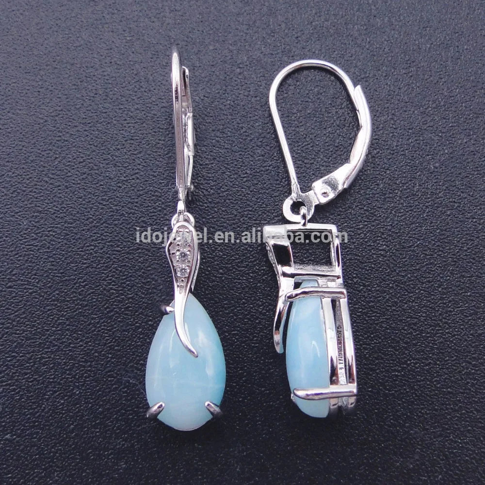 925 Sterling Silver Jewelry Dominica Natural Larimar Gemstone Drop Dangle Earrings for Woman Gift