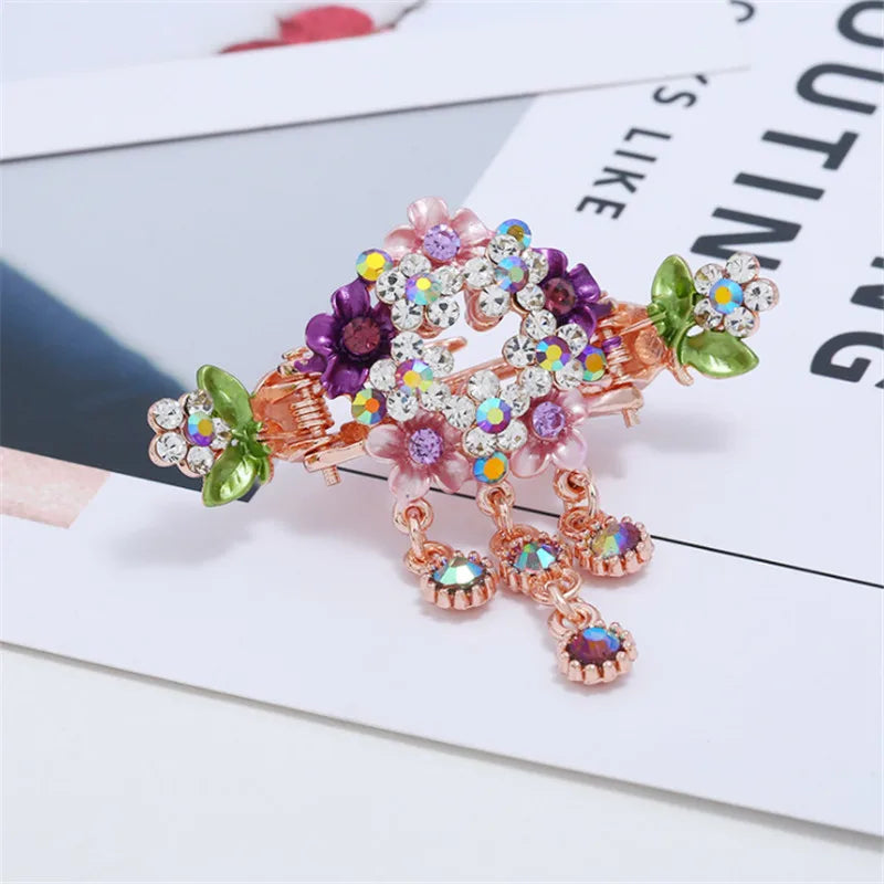 High Quality Colorful Enamel Flower Hair Claws Wedding Ornaments Gold Color Rhinestone Crab Clip For Women Girls Hair Jewelry