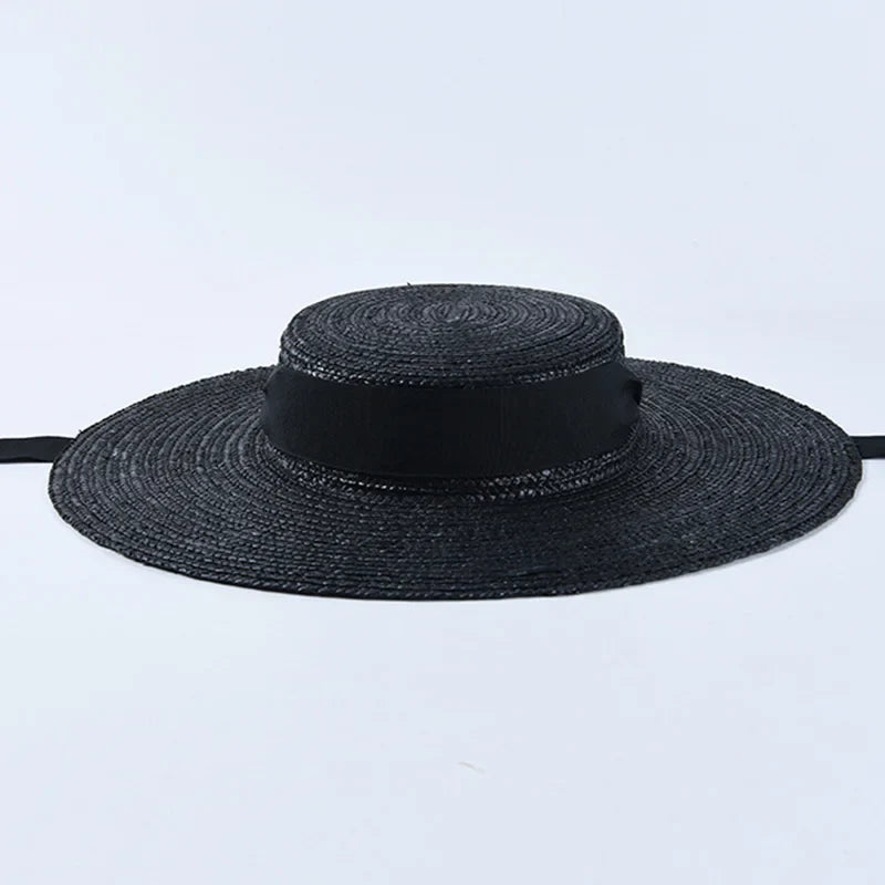 Wide Brim Boater Hat 10cm 15cm Brim Straw Hat Flat Women Summer Kentucky Derby Hat White Black Ribbon Tie Sun Hat Beach Cap