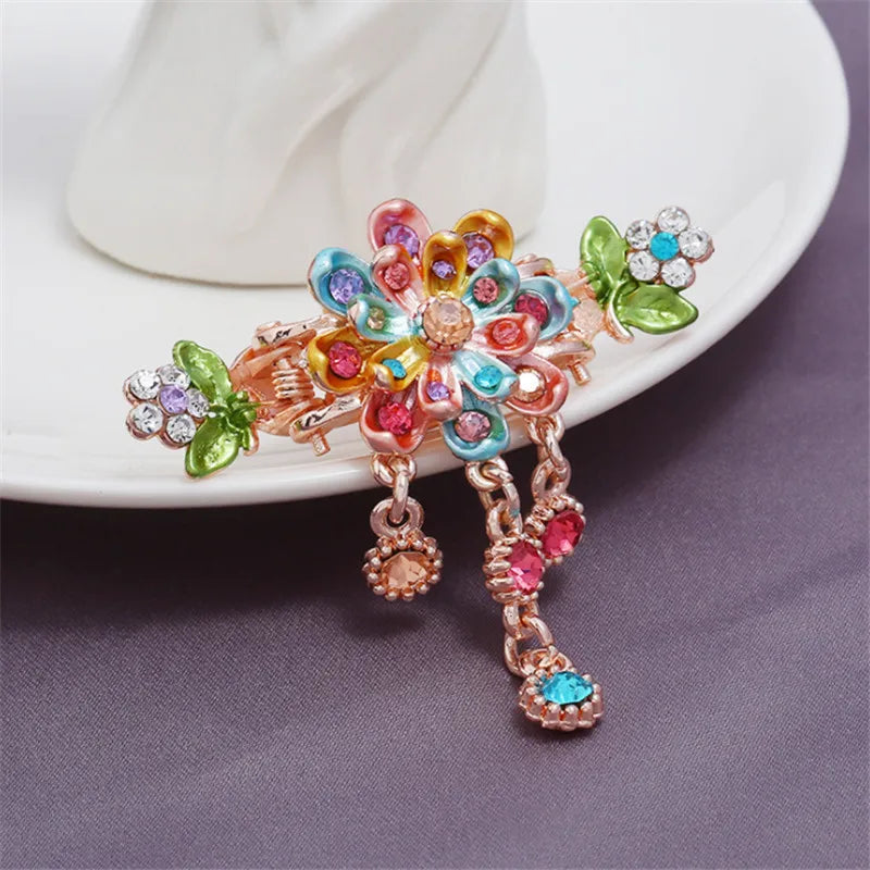 High Quality Colorful Enamel Flower Hair Claws Wedding Ornaments Gold Color Rhinestone Crab Clip For Women Girls Hair Jewelry