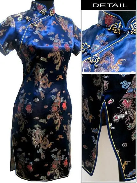 Navy Blue Vintage Chinese Women's Satin Mini Cheongsam Qipao Dress  S M L XL XXL XXXL 4XL 5XL 6XL Mujeres Vestido J4065