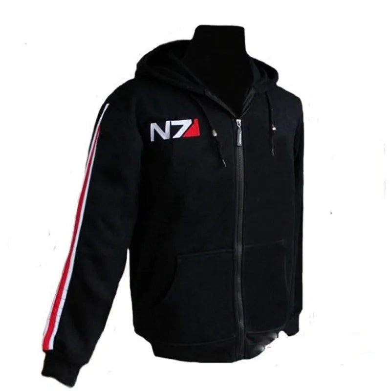 Cosplay N7 Mass Effect Zip Up Hoodie Men Black Anime Hooded Sweatshirt Women Embordery Fleece Thick Warm Sweetshirt Streetwear