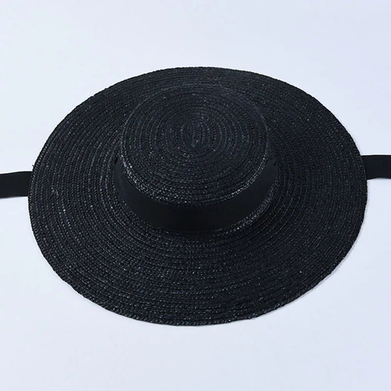 Wide Brim Boater Hat 10cm 15cm Brim Straw Hat Flat Women Summer Kentucky Derby Hat White Black Ribbon Tie Sun Hat Beach Cap