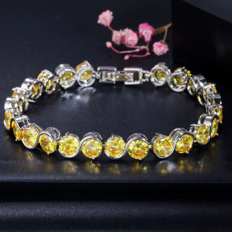 BeaQueen Trendy S Shape 6mm Round Cut Yellow Cubic Zirconia Stone Friendship Bracelets Party Jewelry Accessories for Women B020