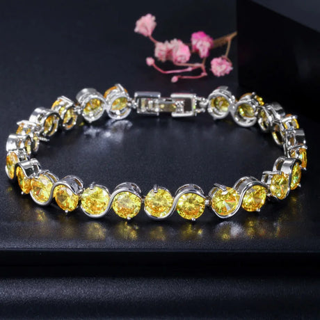 BeaQueen Trendy S Shape 6mm Round Cut Yellow Cubic Zirconia Stone Friendship Bracelets Party Jewelry Accessories for Women B020