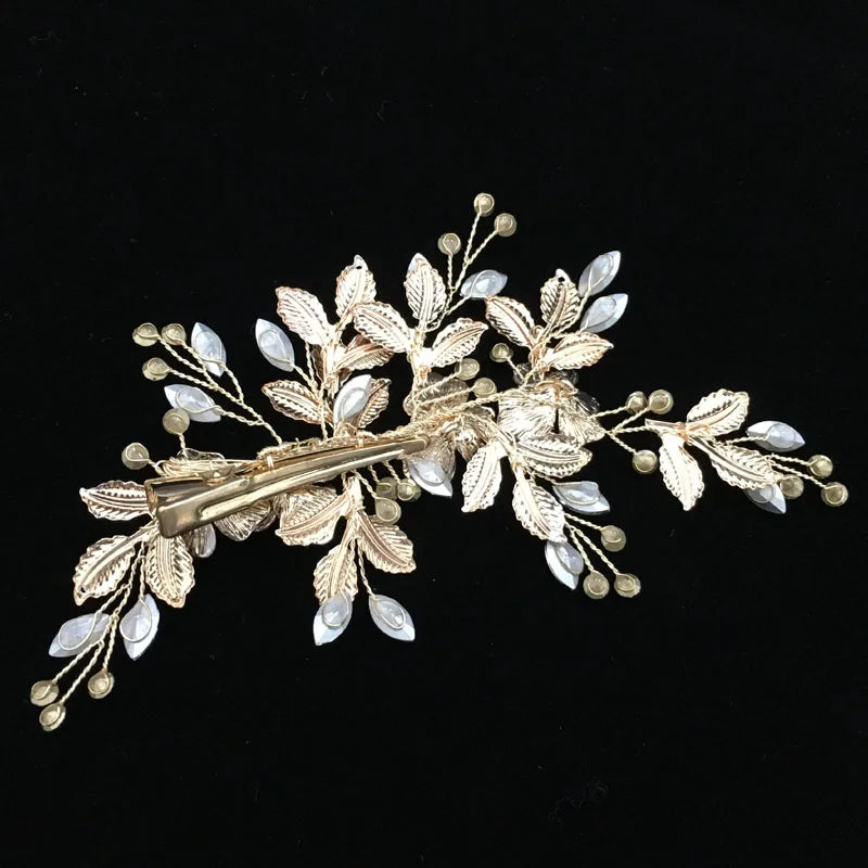 SLBRIDAL Handmade Golden Austrian Crystals Rhinestones Flower Leaf Wedding Hair Clip Barrettes Bridal Headpiece Hair accessories