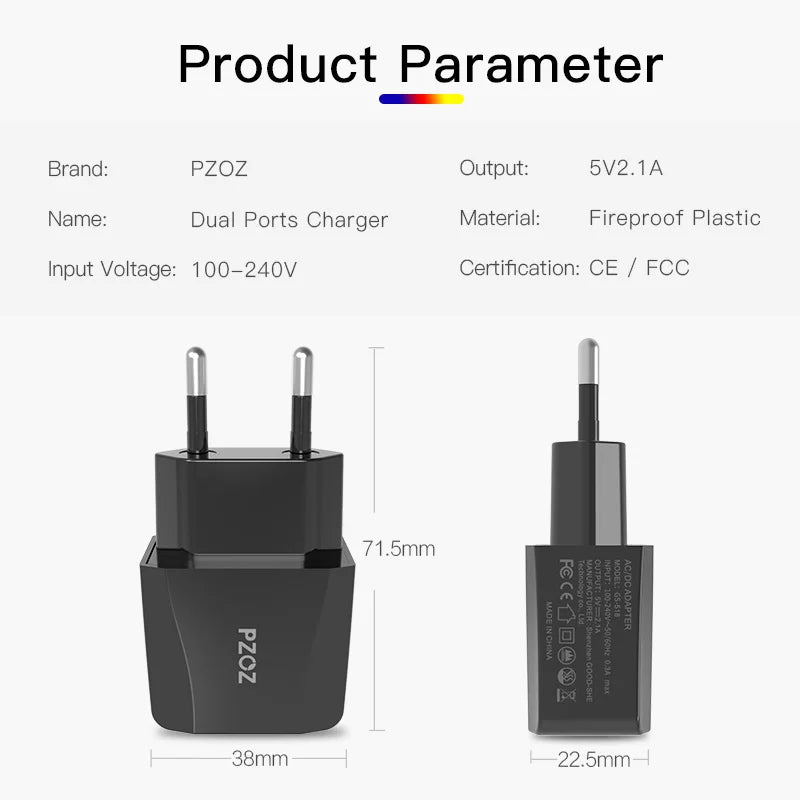 PZOZ Usb Charger Travel EU Plug 2a Fast Charging Adapter portable Dual Wall charger Mobile Phone cable For iphone Samsung xiaomi