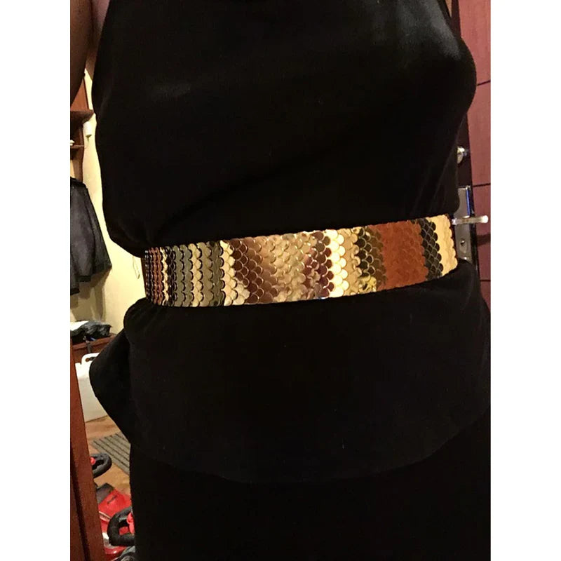 4.5cm Wide Elastic Black Belt Gold Metal Fish Skin Keeper Brand Waistband for Women Cinto Feminino S/M/L bg-013