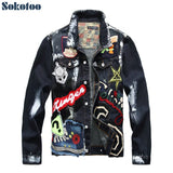 Sokotoo Men's badge patches painted blue black denim jacket Trendy beauty patchwork long sleeve coat Outerwear