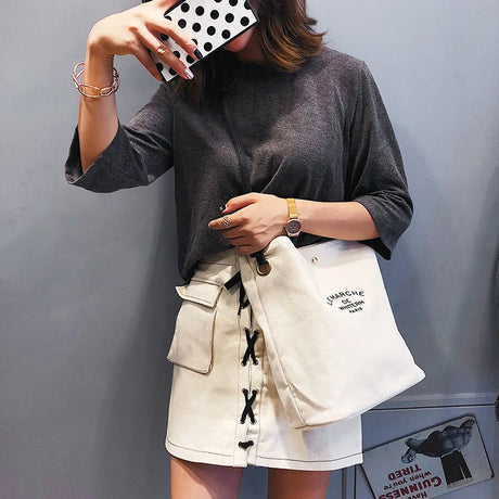 Women Casual Canvas Shoulder Bags PU Leather Strap Female Cloth CrossBody Bag Lady Fashion Simple Canvas Handbag Tote For Girls