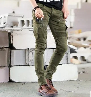 Green Black Denim Biker jeans Mens Skinny 2024 Runway Distressed slim elastic jeans homme hiphop Washed cargo pants