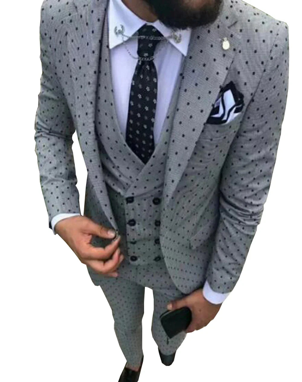 New Men's White Suit 3 Pieces Spotted Notch Lapel Slim Fit Double Breasted Vest Tuxedos Groomsmen For Wedding(Blazer+vest+Pants)