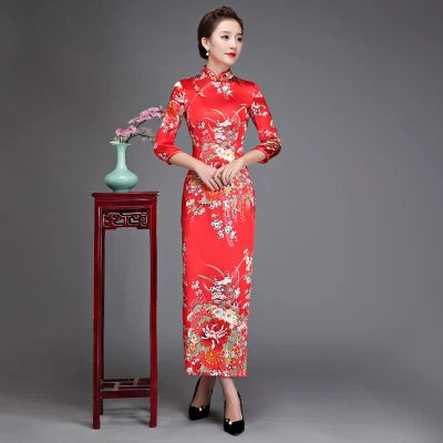 Old Shanghai Elegant Women Satin Qipao Slim 3/4 Sleeve Long Dress New Traditional Chinese Mandarin Collar Cheongsam Vestidos