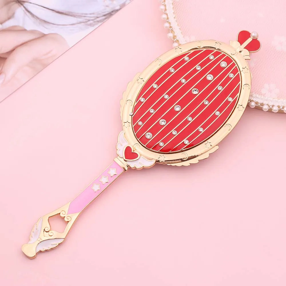 Anime Moon Metal Oval Hand Held Makeup Mirror Ladies Girl Crown Mirror Beauty Dresser Red Blue Makeup Mirror With Crystal