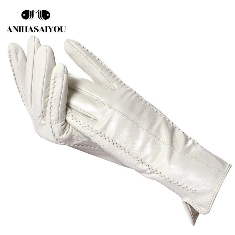 White leather women's gloves, Genuine Leather, cotton lining warm, Fashion leather gloves, leather gloves warm winter-2226