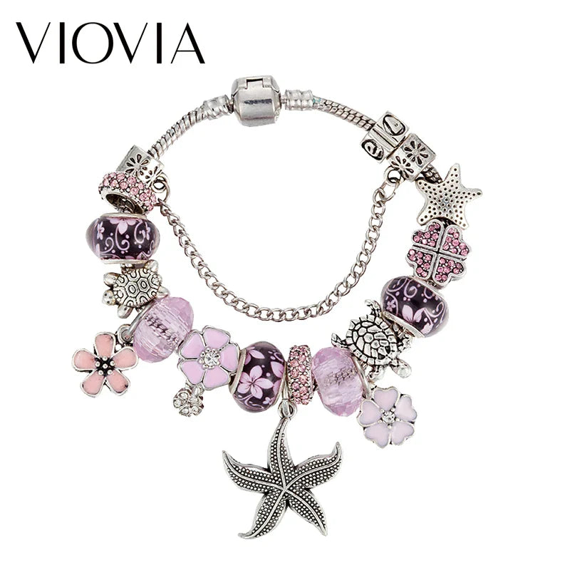 VIOVIA Free Shipping Hot Sale Sea Series Pink Starfish Charm Bracelet Surtidor for Women Flower Pendant  Bracelet& Bangle B16054